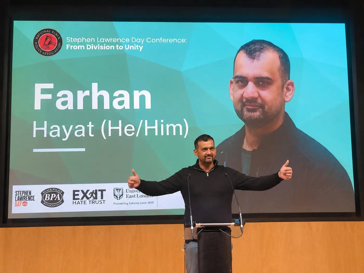 Farhan on stage at the Stephen Lawrence Day conference